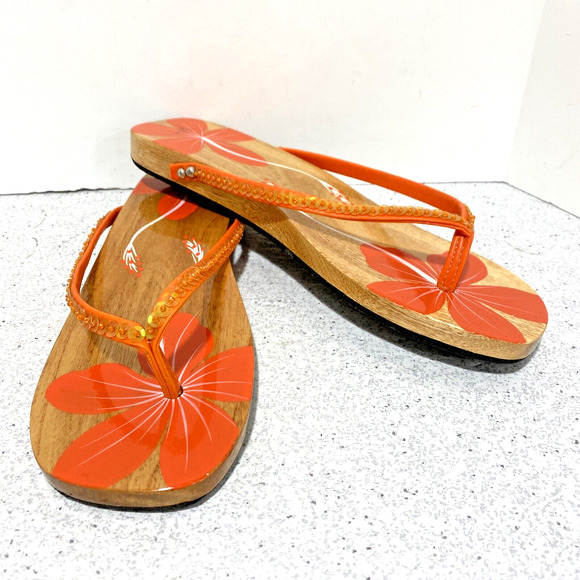 Zodax Plumeria Wooden Sole Thongs Sandals orange white clear sequins US size 8-9 - Picture 2 of 6